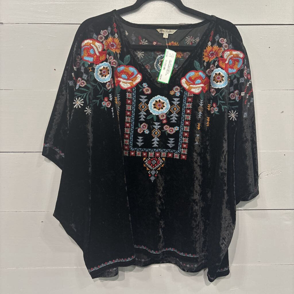 JOHN MARK,VELVET BLOUSE W/ EMBROIDERY,BLK,L/XL