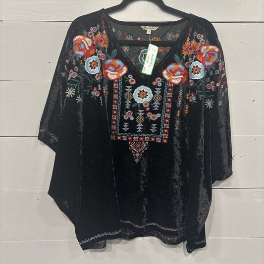 JOHN MARK,VELVET BLOUSE W/ EMBROIDERY,BLK,L/XL