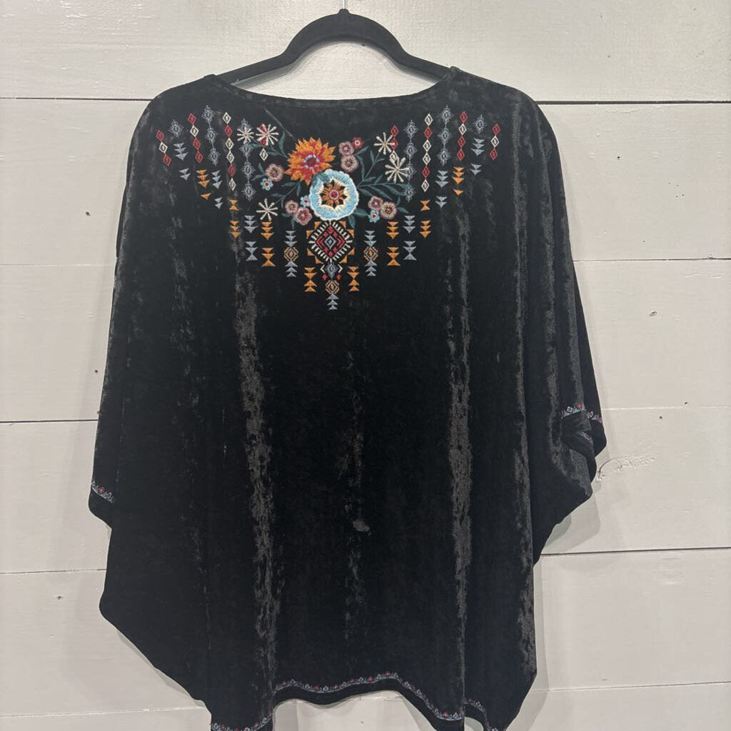 JOHN MARK,VELVET BLOUSE W/ EMBROIDERY,BLK,L/XL