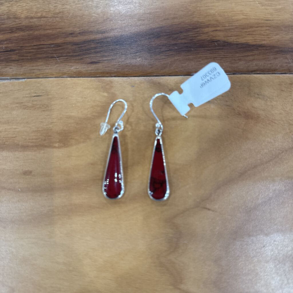 SS TEARDROP TUR EARRING ,RED SILVER