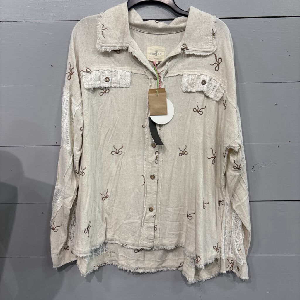 NWT BOW BUTTONUP TOP ,WHT BRN ,L