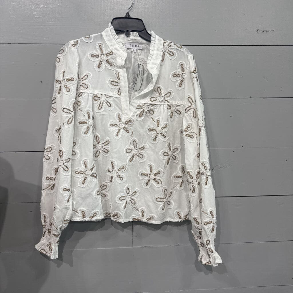 THML,TEXTURED FLOWER TOP ,WHT BRN ,L