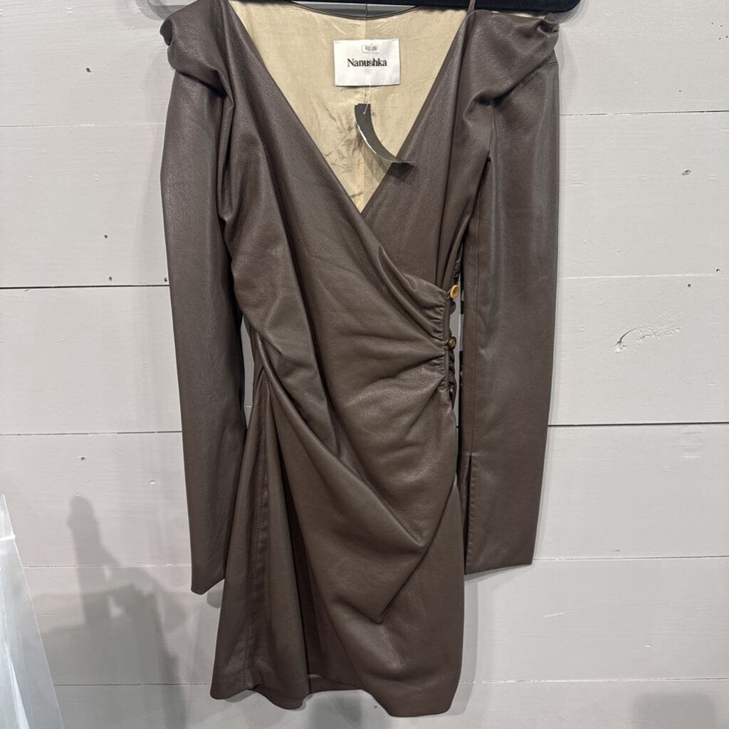 NANUSHKA,LEATHER OFF SHLDR DRESS RETAIL $645,BROWN,S