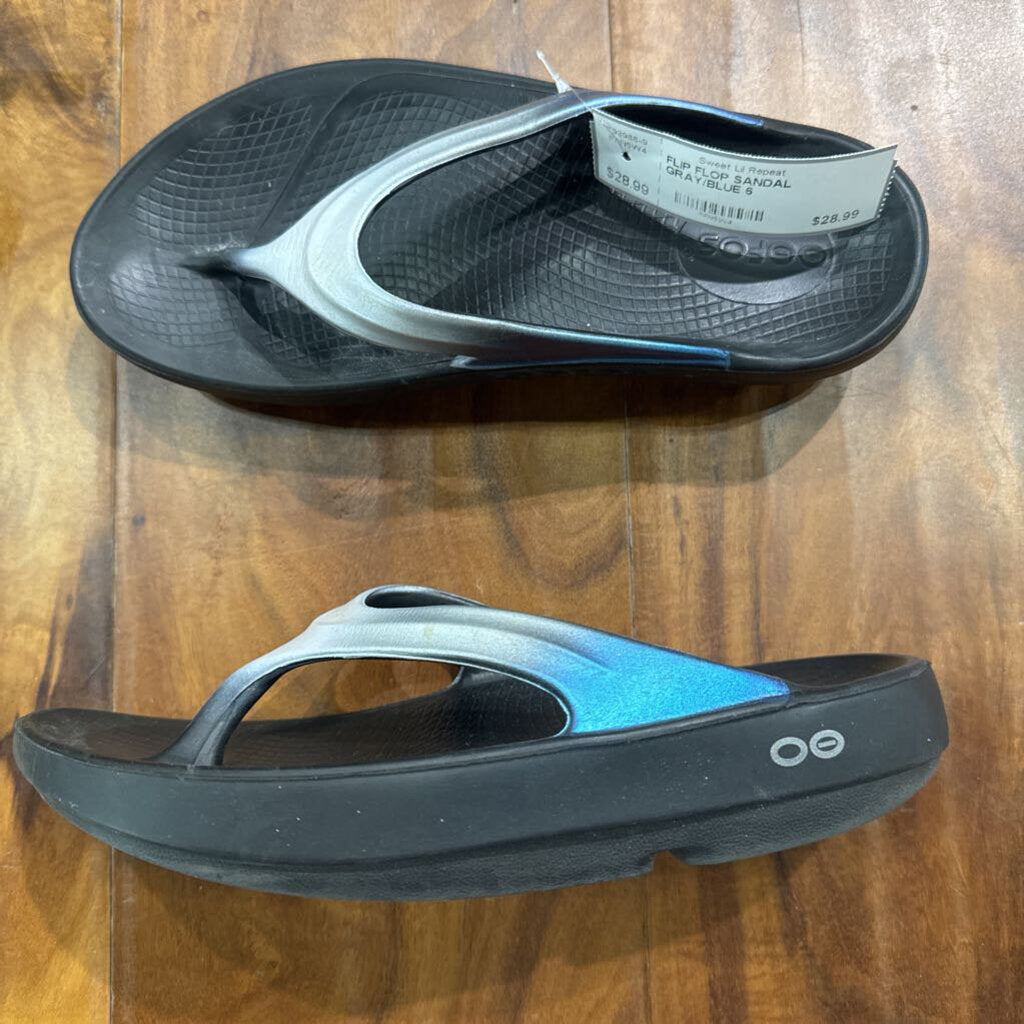 OOFOS,FLIP FLOP SANDAL ,GRAY/BLUE,6