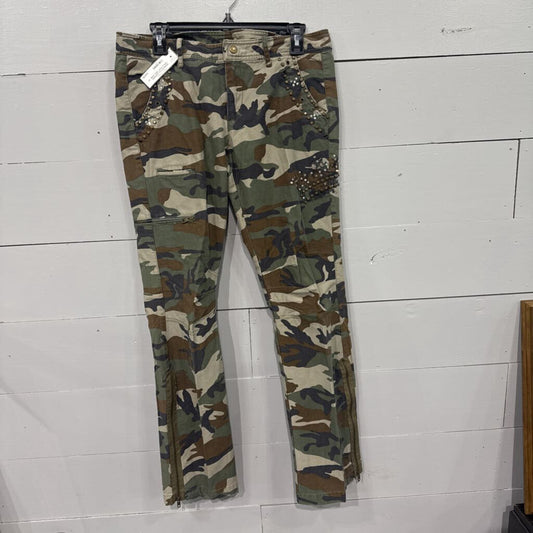 FOR LOVE AND LIBERTY,DENIM PATCH LEOPARD ANKLE PANT,GRN CAMO ,10