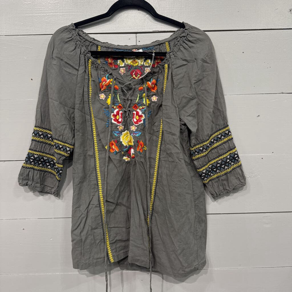 JOHNNY WAS,JW EMBROD TOP ,GRY MULTI ,M