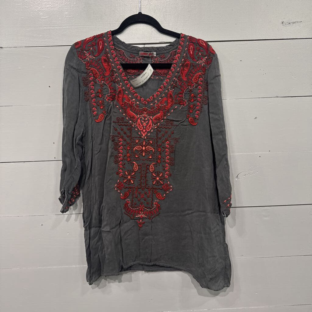 JOHNNY WAS,JW EMBROD TOP ,GRY RED,L