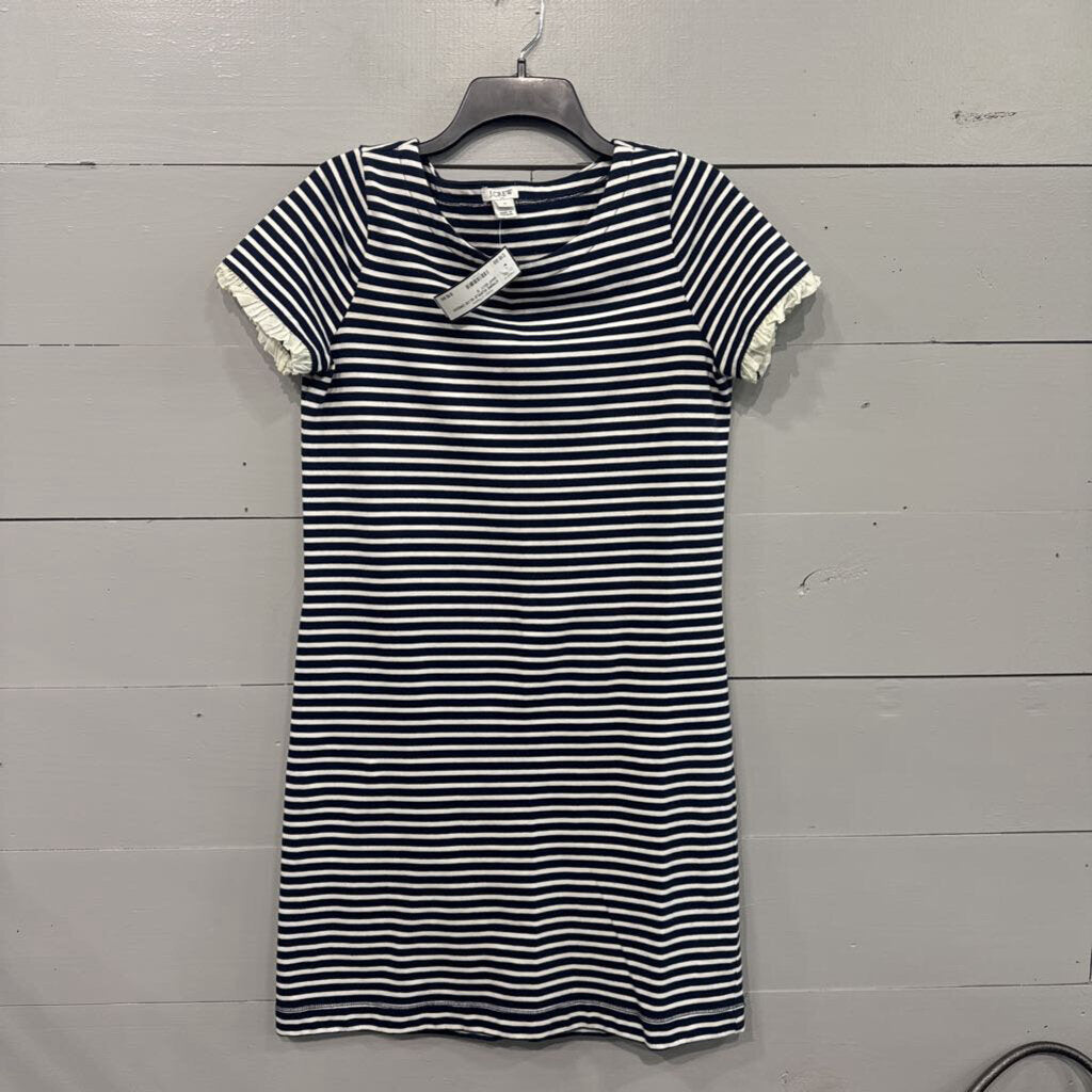 J.CREW,STRIPE RUFFLE SLVE DRESS ,WHT NVY ,S