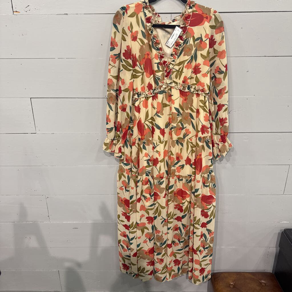 FLORAL DRESS ,TAN GRN RED ,L