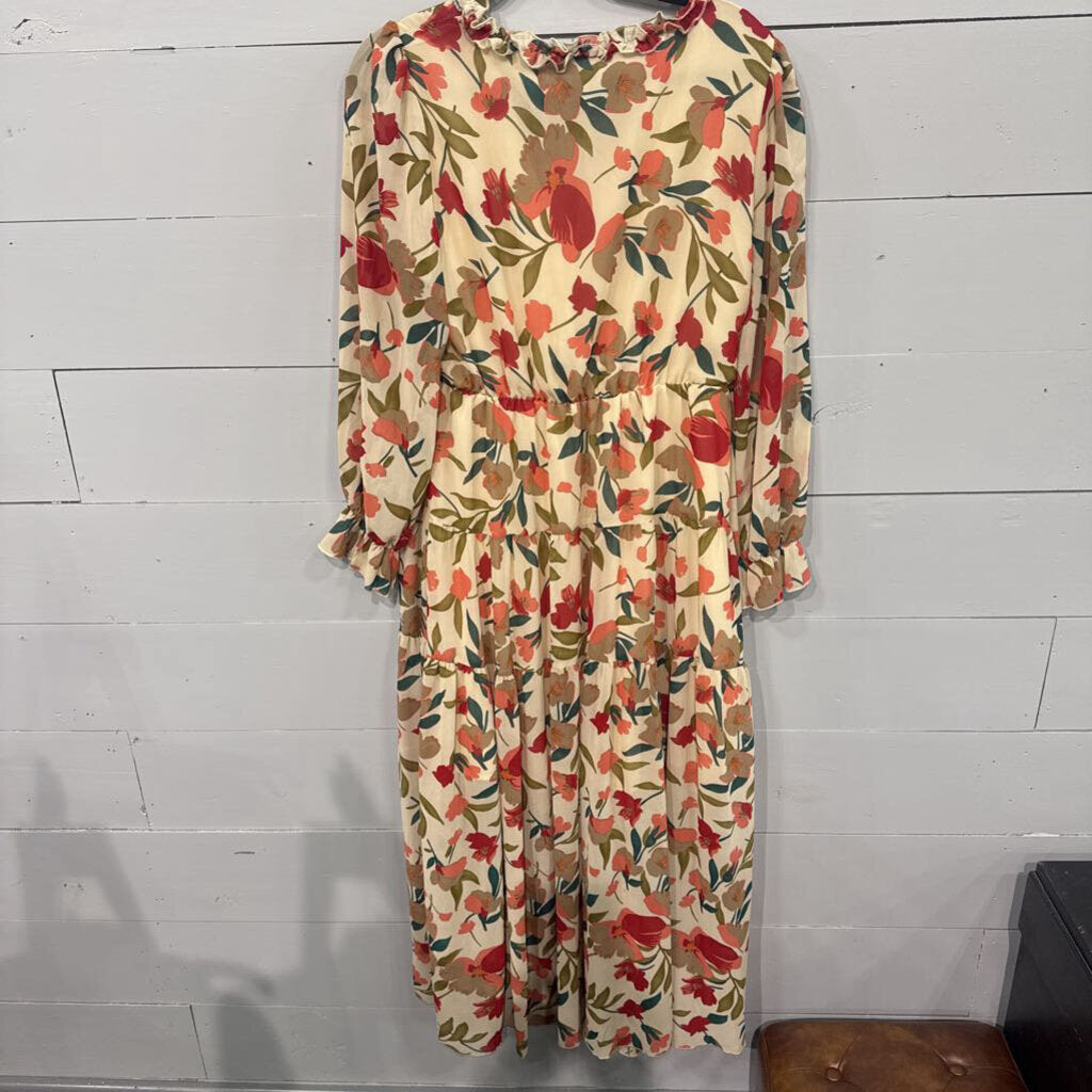 FLORAL DRESS ,TAN GRN RED ,L