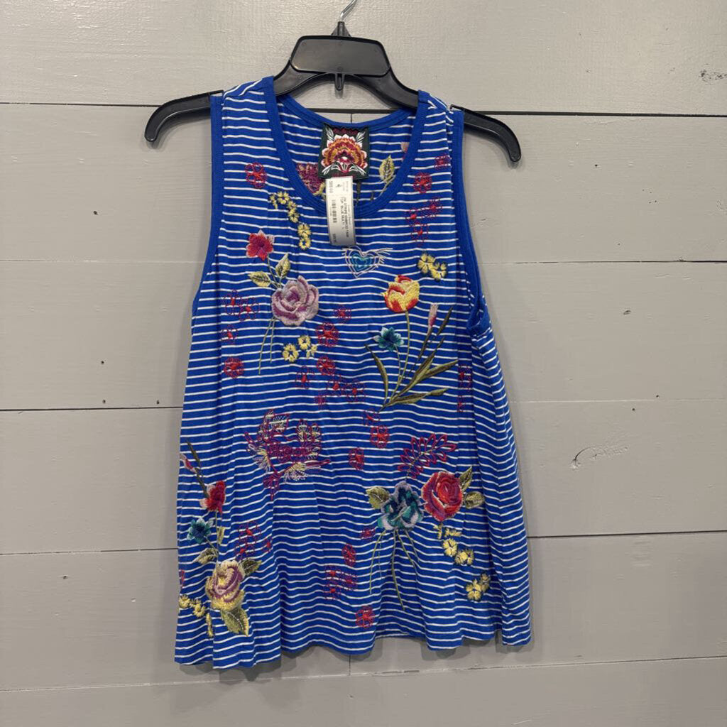 JOHNNY WAS,JW STRIPE EMBROD TANK TOP ,BLUE MULTI ,L