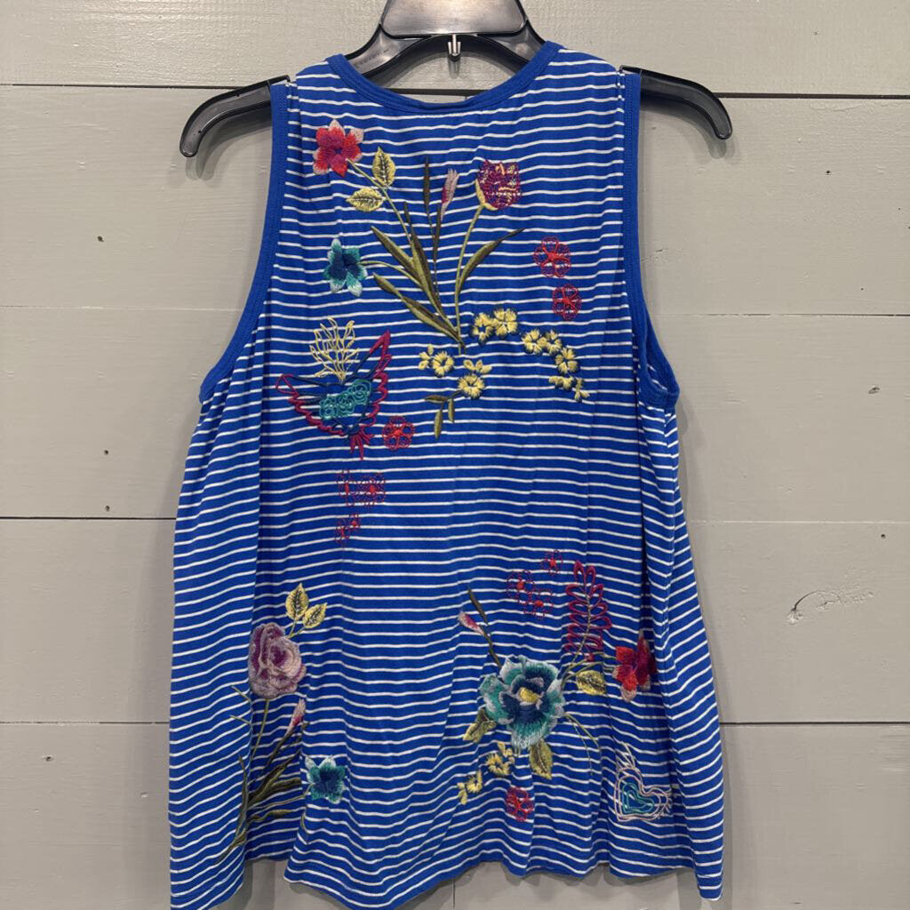 JOHNNY WAS,JW STRIPE EMBROD TANK TOP ,BLUE MULTI ,L