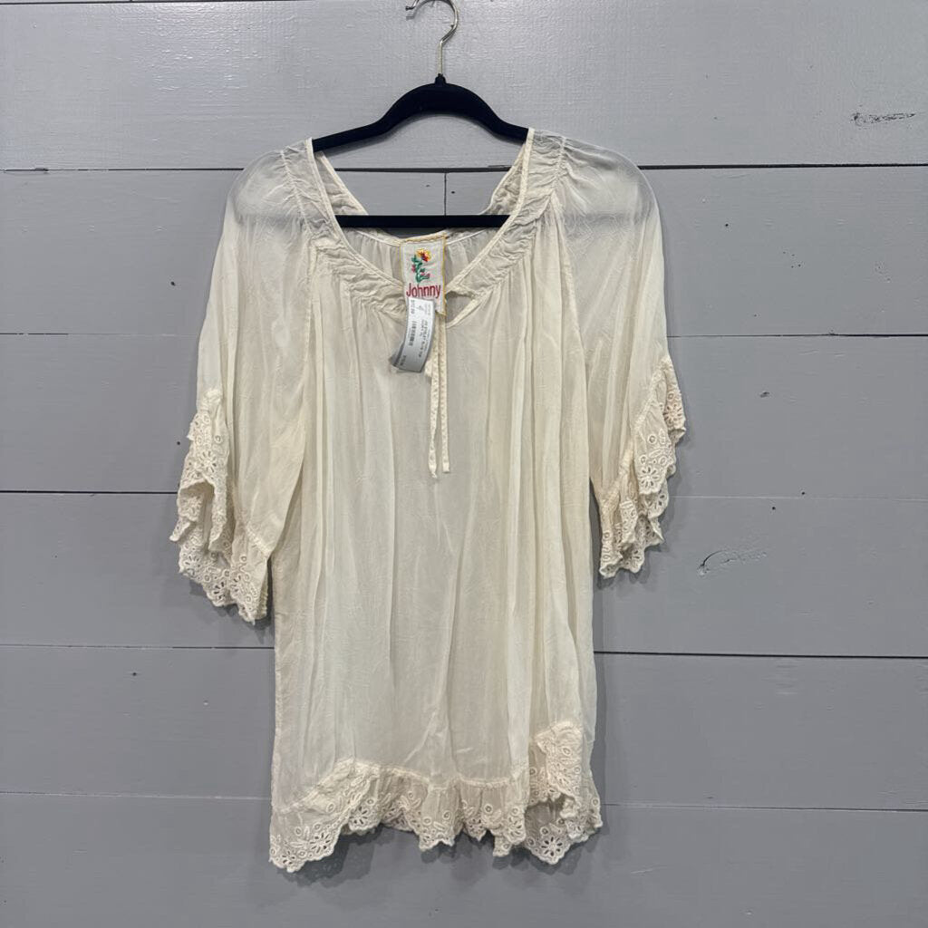 JOHNNY WAS,JW EYELET SLVE TOP ,IVORY,XL