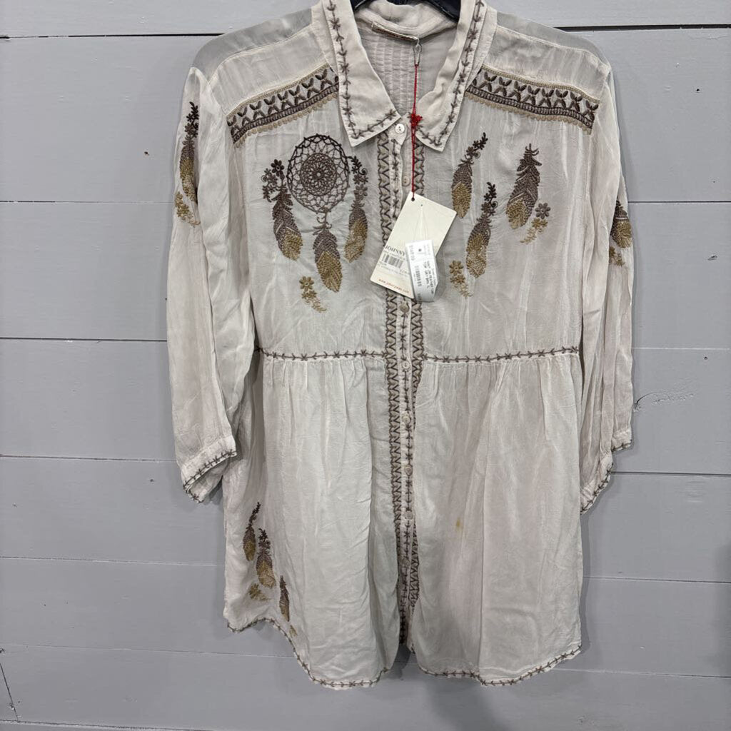 JOHNNY WAS,NWT JW FEATHER TUNIC TOP ,GRY BRN ,XL