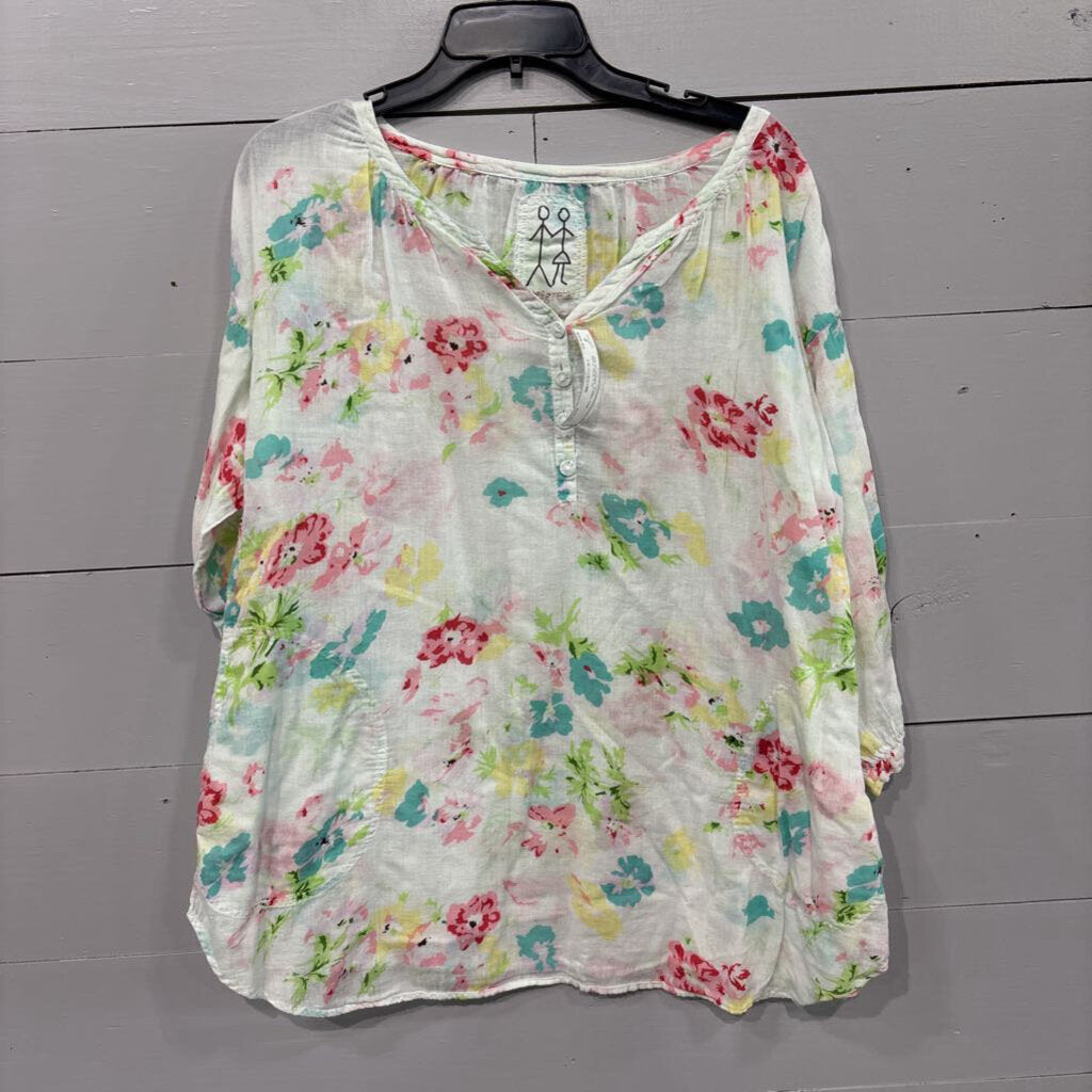 JOHNNY WAS, JW FLOWER TUNIC TOP ,WHT MULTI,M