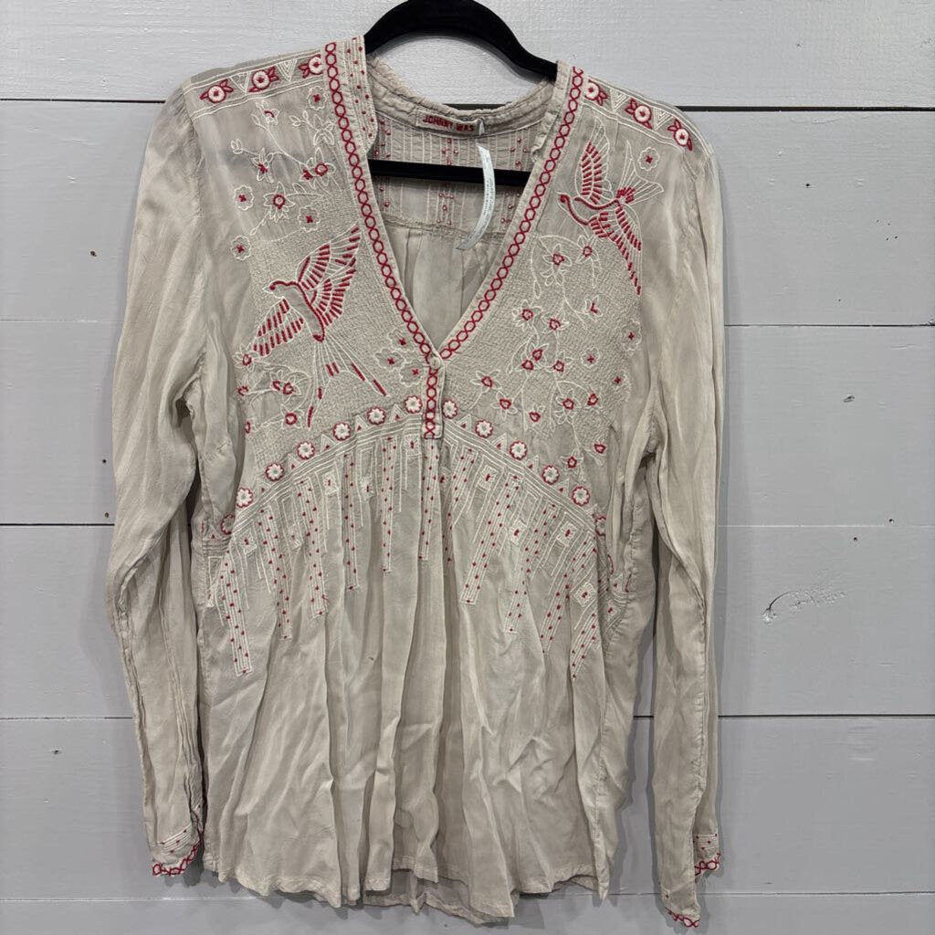 JOHNNY WAS, JW BIRD TOP (PRICE WITH SMALL STAIN),GRY RED,M