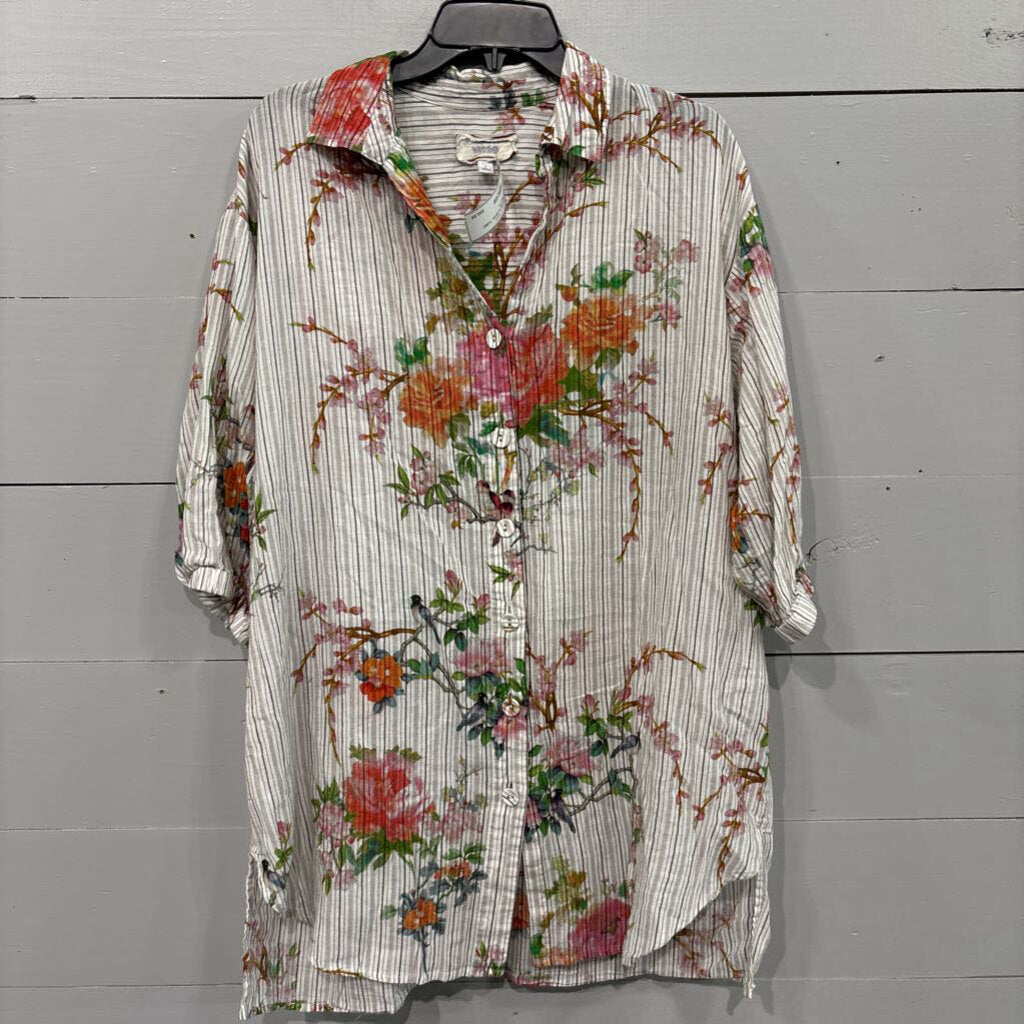 JOHNNY WAS, JW STRIPE FLORAL TUNIC TOP ,MULTI,L