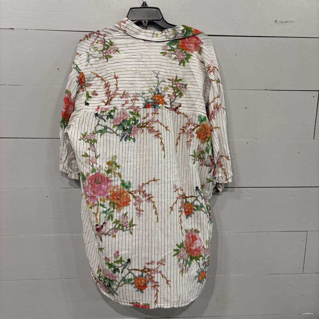 JOHNNY WAS, JW STRIPE FLORAL TUNIC TOP ,MULTI,L