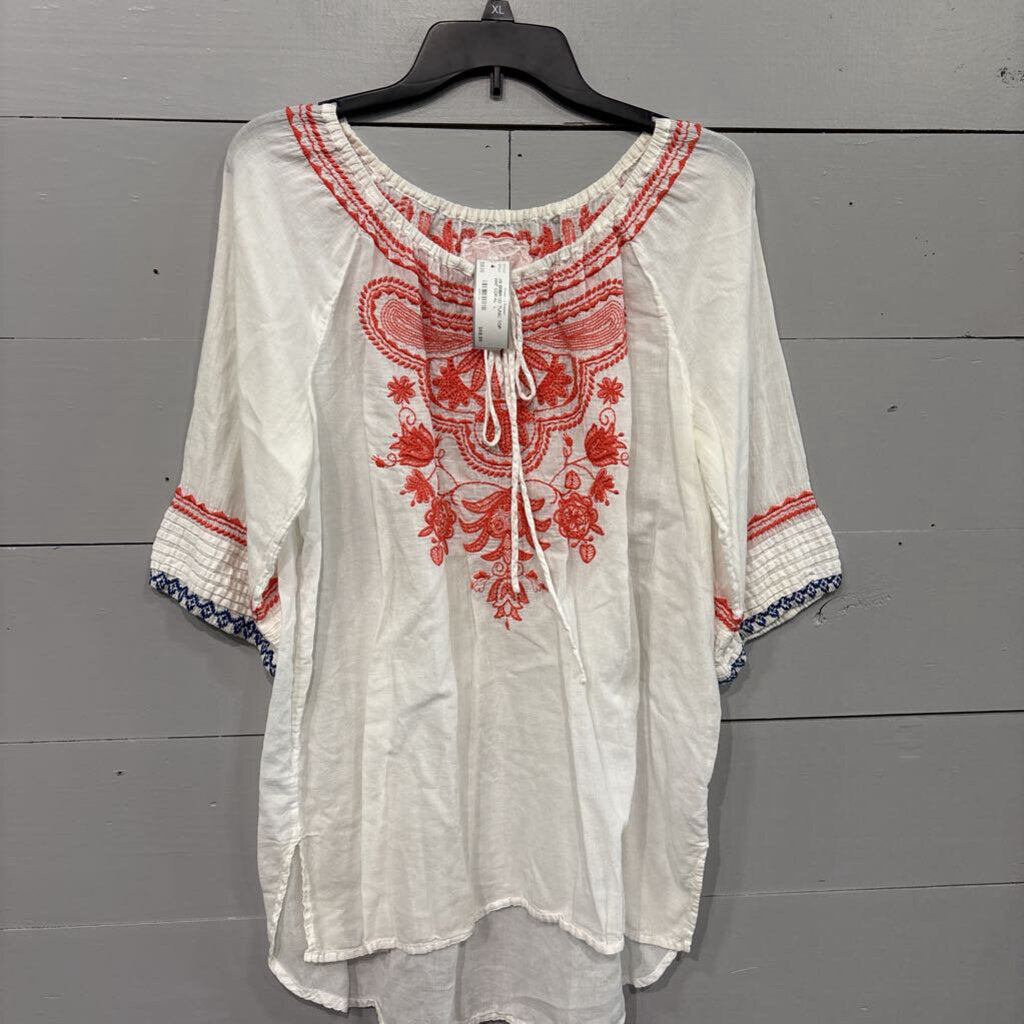JOHNNY WAS, JW EMBROD TUNIC TOP ,WHT CORAL ,L