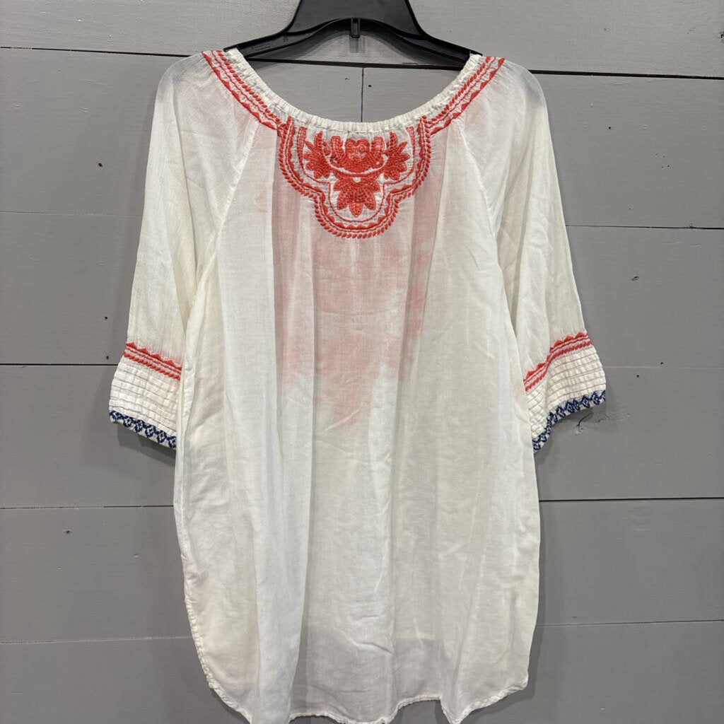 JOHNNY WAS, JW EMBROD TUNIC TOP ,WHT CORAL ,L