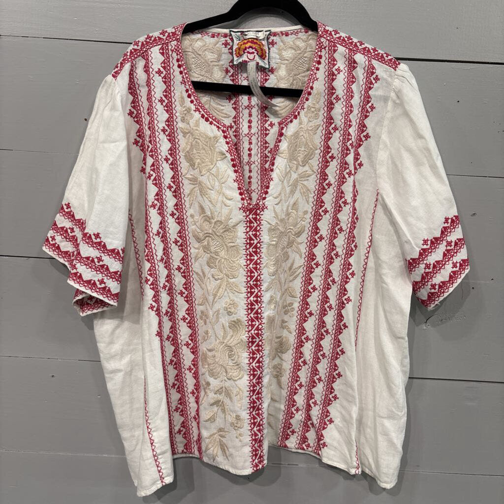 JOHNNY WAS, JW EMBROD LINEN TUNIC TOP ,WHT TAN PINK ,XXL