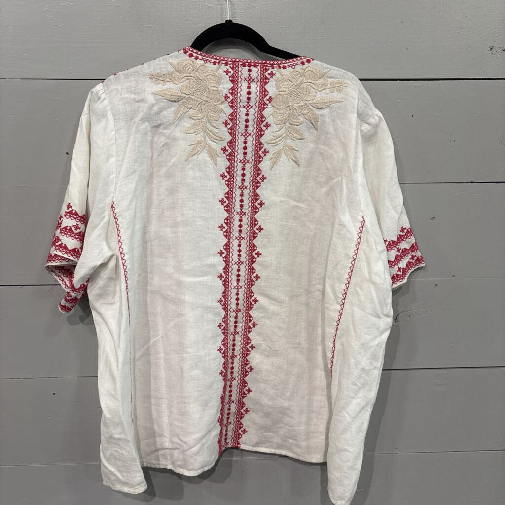 JOHNNY WAS, JW EMBROD LINEN TUNIC TOP ,WHT TAN PINK ,XXL