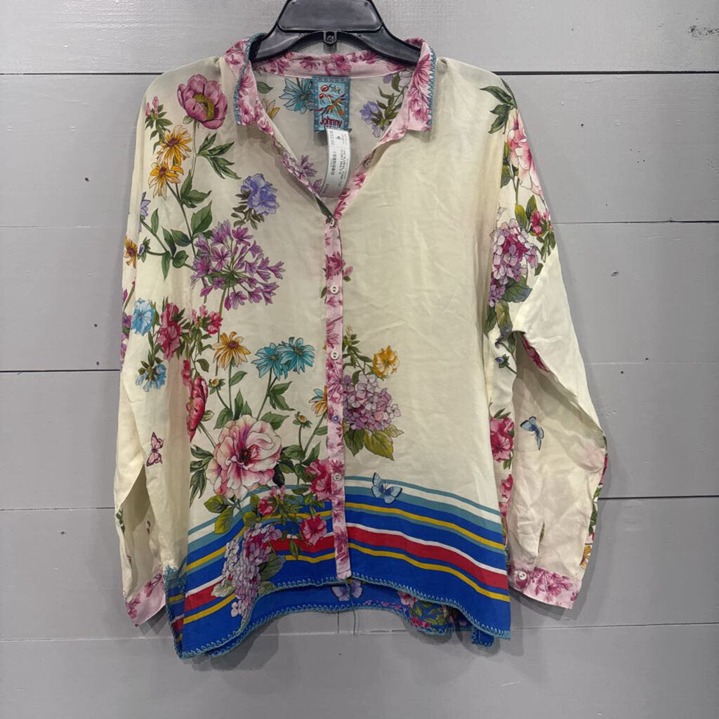 JOHNNY WAS,JW FLORAL TUNIC TOP ,IVORY MULTI,S