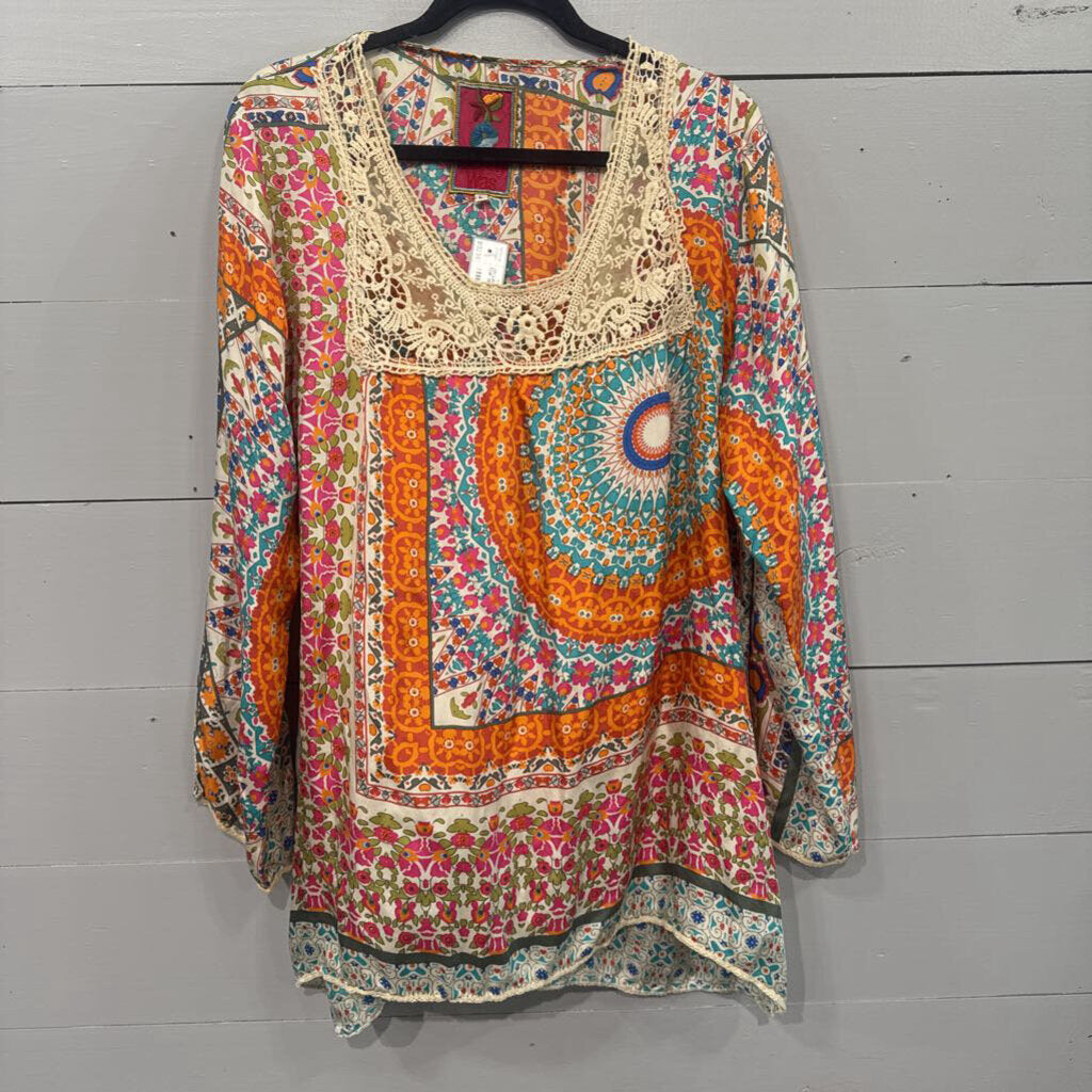 JOHNNY WAS,JW LACE PATTERNED TUNIC TOP ,MULTI,L