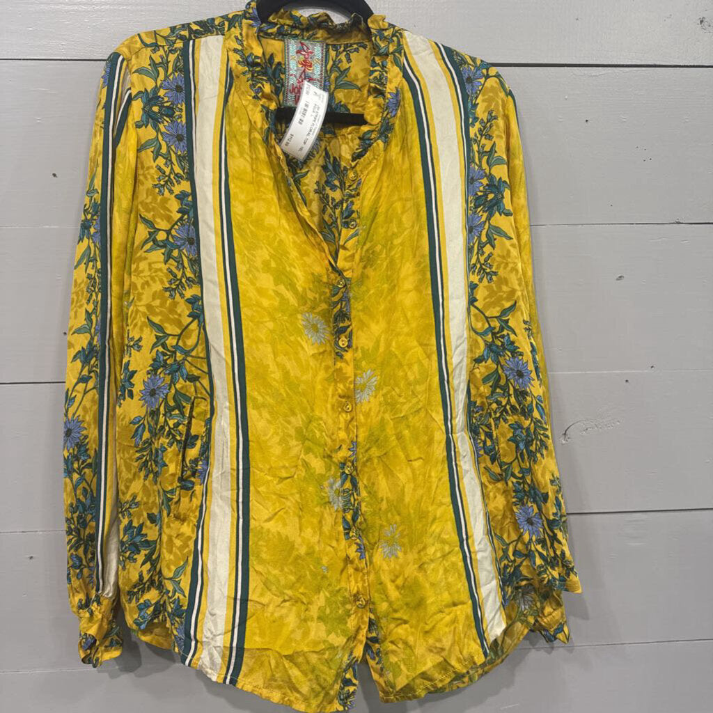 JOHNNY WAS,JW STRIPE FLORAL TOP ,YEL AQUA ,L