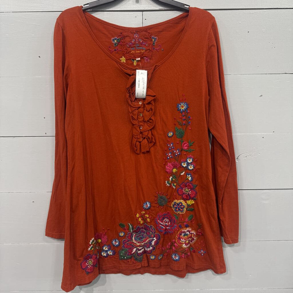 JOHNNY WAS,JW RUFFLE TUNIC TOP ,ORG MULTI,L