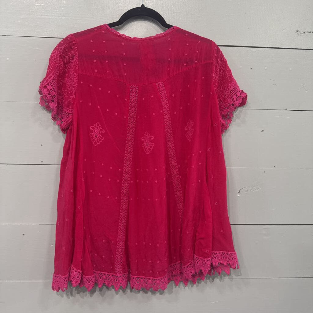 JOHNNY WAS,JW EYELET TOP ,PINK ,M