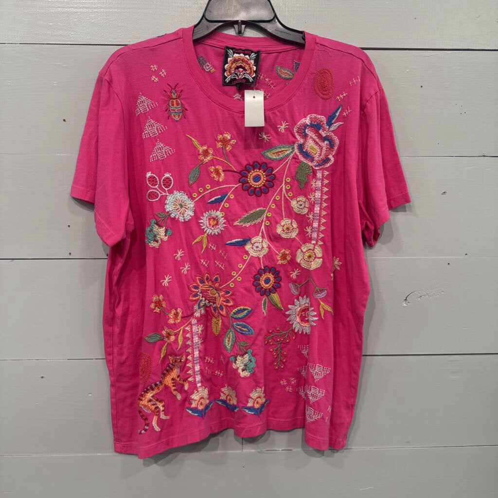 JOHNNY WAS,JW EMBROD TSHIRT TOP ,PINK ,XL