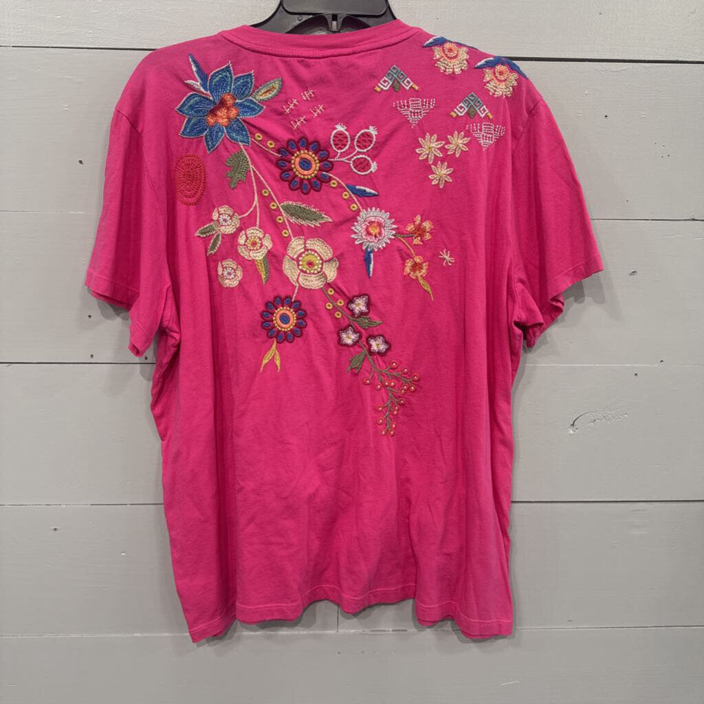 JOHNNY WAS,JW EMBROD TSHIRT TOP ,PINK ,XL