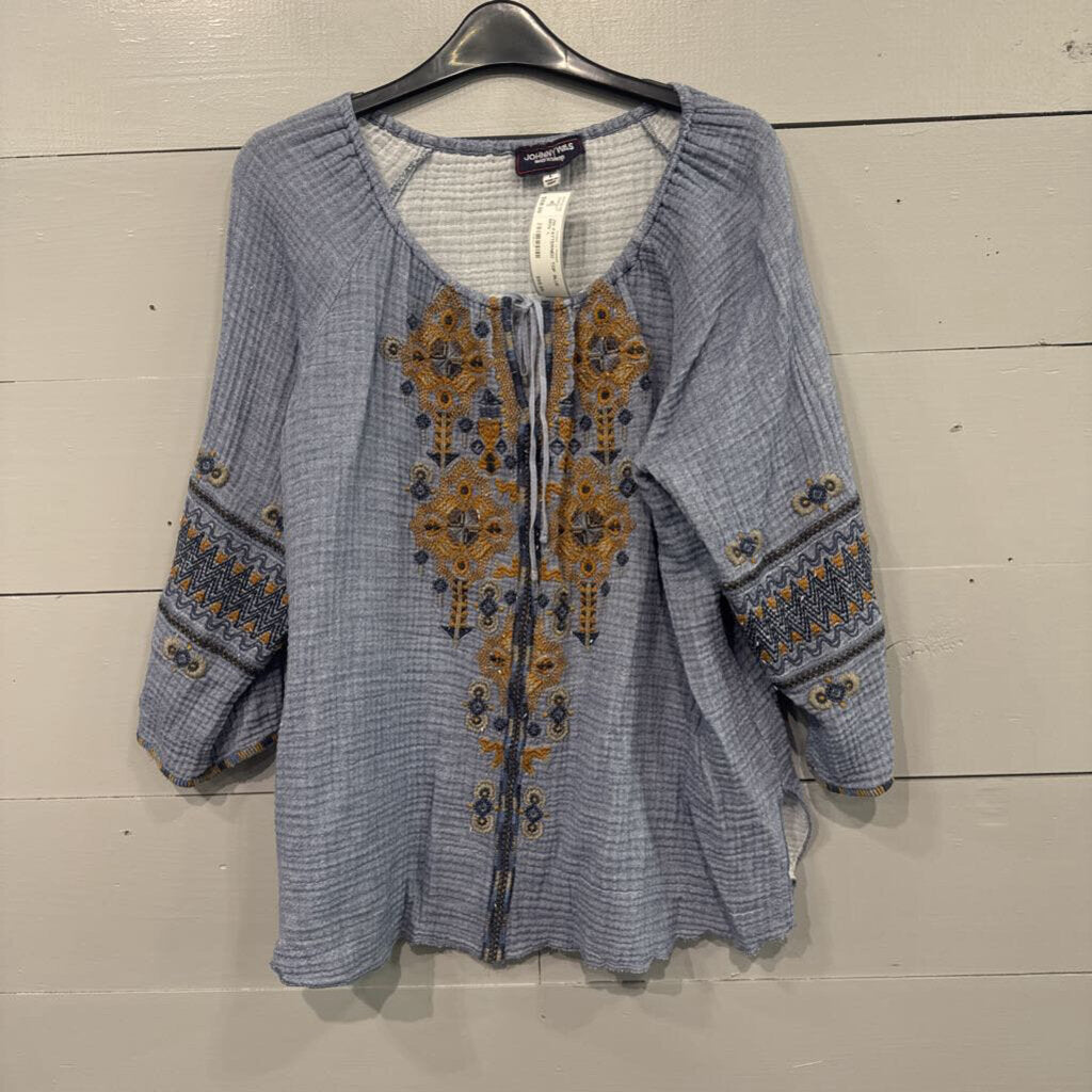 JOHNNY WAS,JW PATTERNED TOP ,BLUE BRN ,L