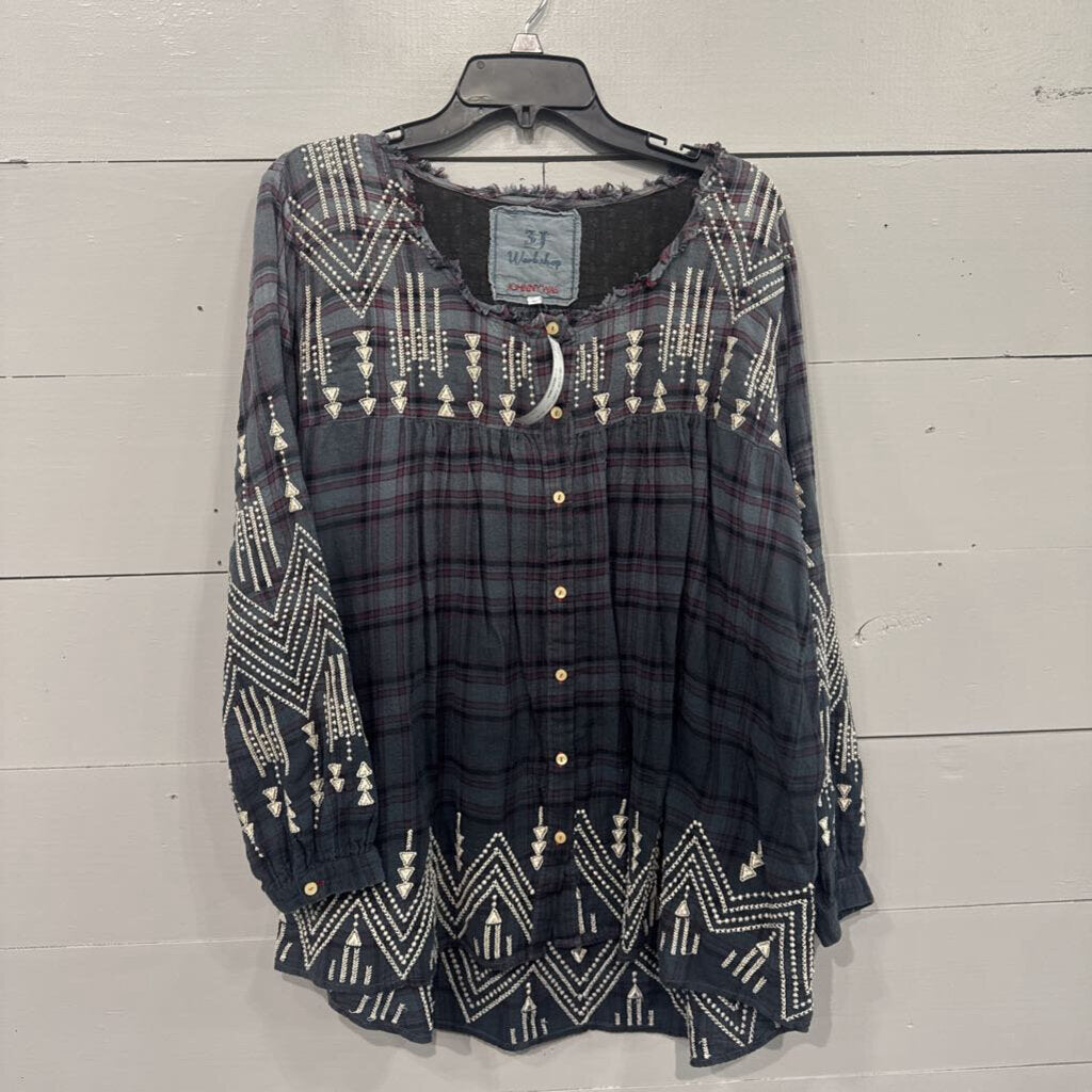JOHNNY WAS,JW PLAID TUNIC TOP ,BLUE GRY,L