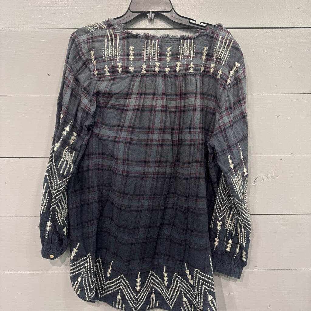 JOHNNY WAS,JW PLAID TUNIC TOP ,BLUE GRY,L