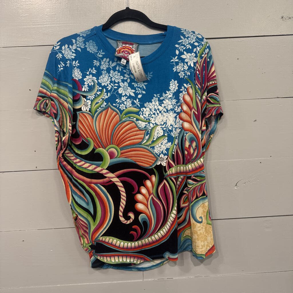 JOHNNY WAS,JW FLORAL PATTERNED TSHIRT TOP ,BLUE MULTI,S