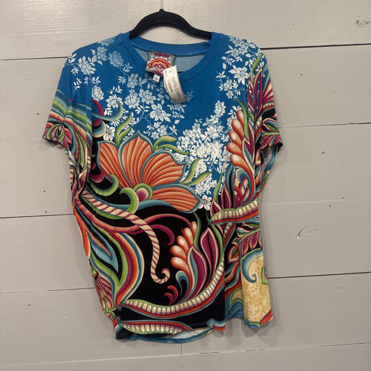 JOHNNY WAS,JW FLORAL PATTERNED TSHIRT TOP ,BLUE MULTI,S