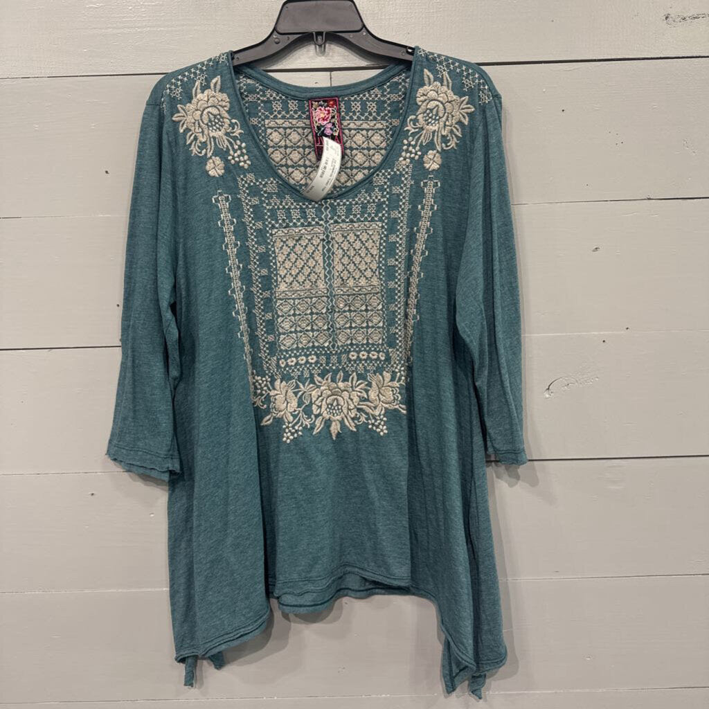 JOHNNY WAS,JW EMBROD TUNIC TOP,AQUA ,L