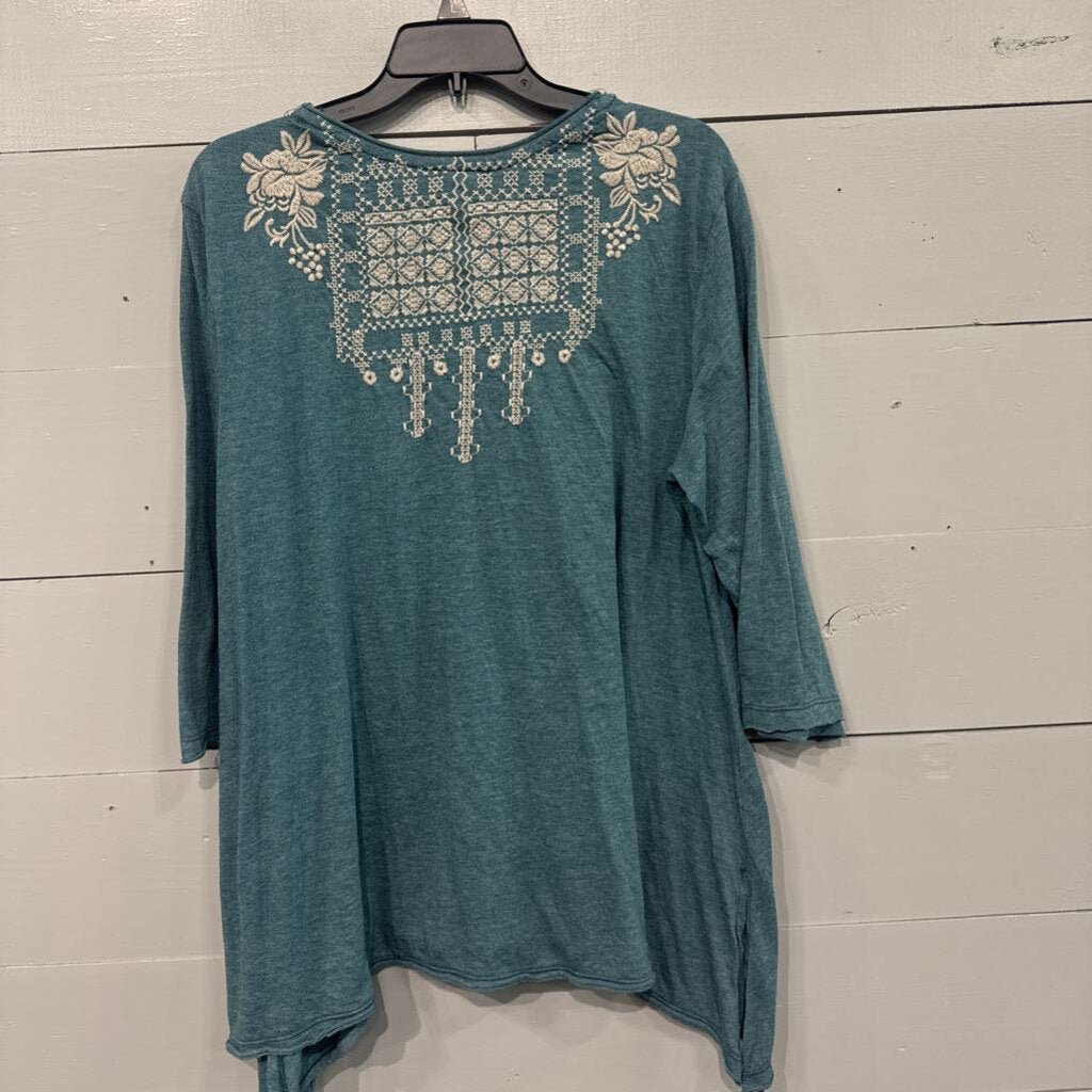JOHNNY WAS,JW EMBROD TUNIC TOP,AQUA ,L