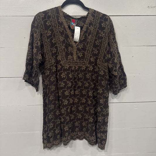JOHNNY WAS,JW EMBROD EYELET TUNIC TOP,BRN,L