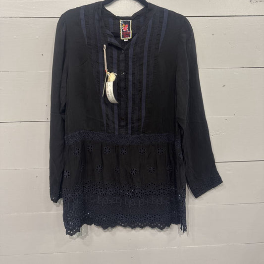 JOHNNY WAS,JW EMBROD EYELET TUNIC TOP,BLK,M
