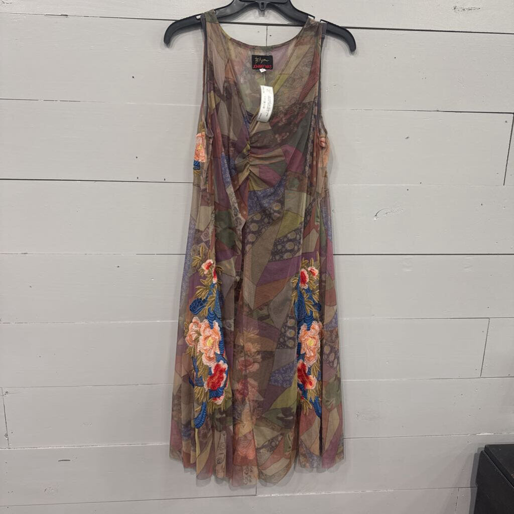 JOHNNY WAS,JW EMBROD MESH TANK DRESS,GRN MULTI ,L