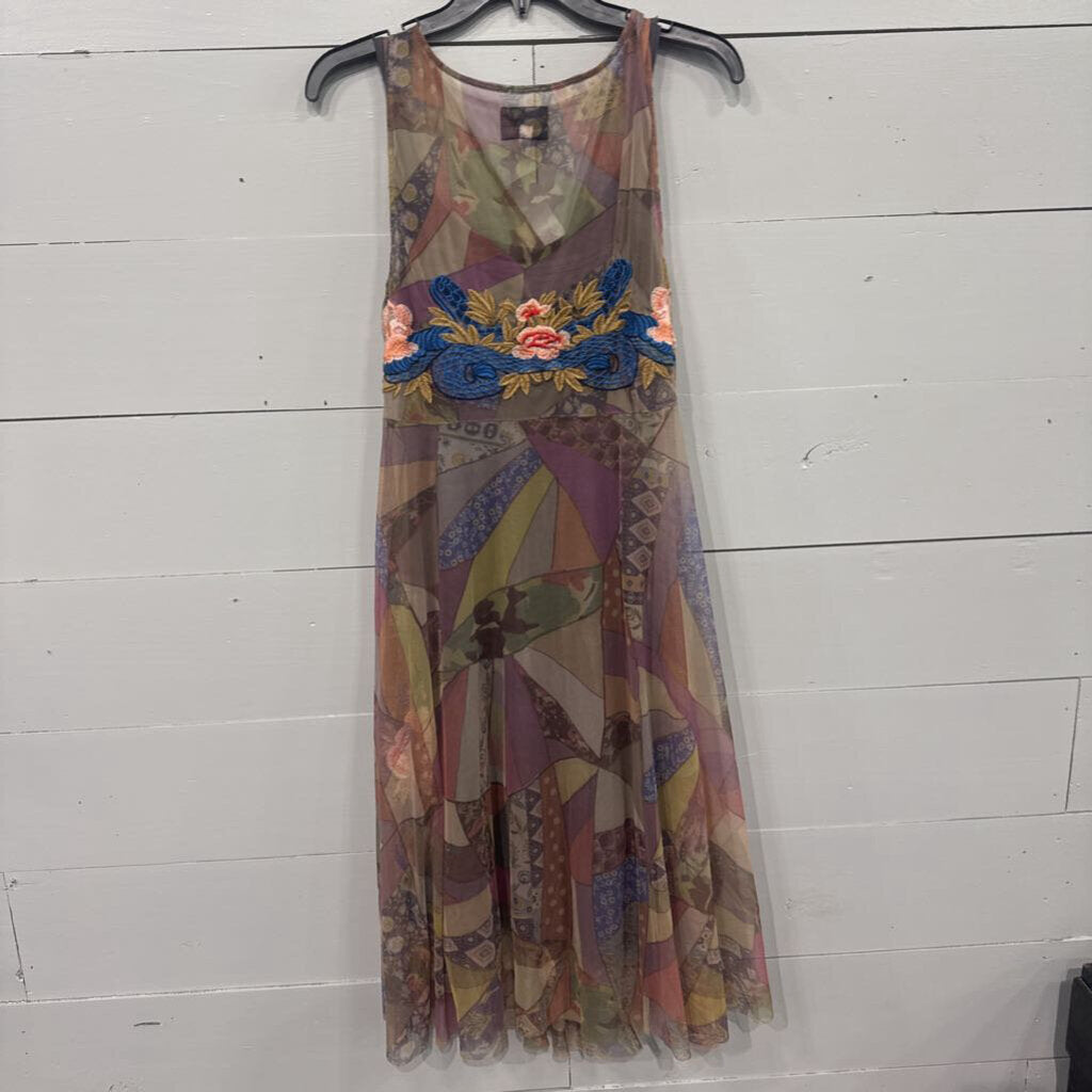 JOHNNY WAS,JW EMBROD MESH TANK DRESS,GRN MULTI ,L