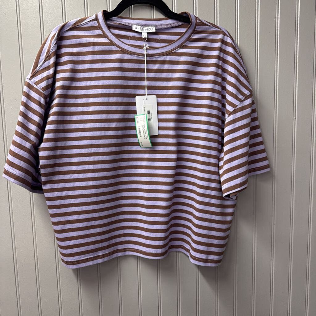 AEMI+CO,NWT STRIPE T- TOP,PURPLE/BROWN,M