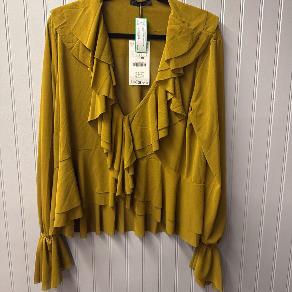 ZARA,NWT RUFFLE SHEER TOP,olive ,L