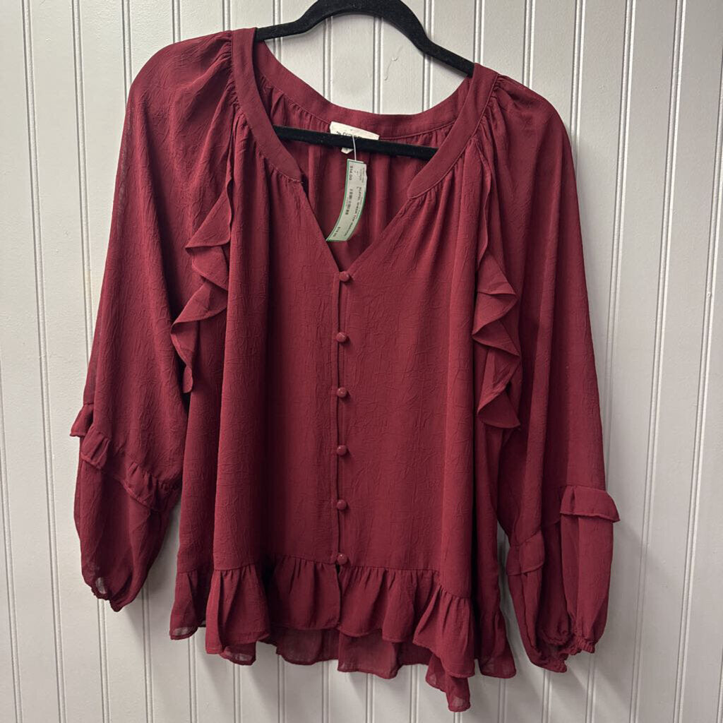 EE:SOME,RUFFEL SHEER TOP,MAROON,L