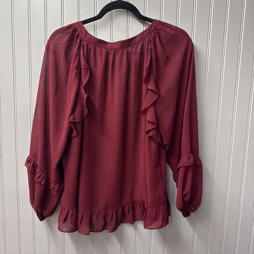 EE:SOME,RUFFEL SHEER TOP,MAROON,L