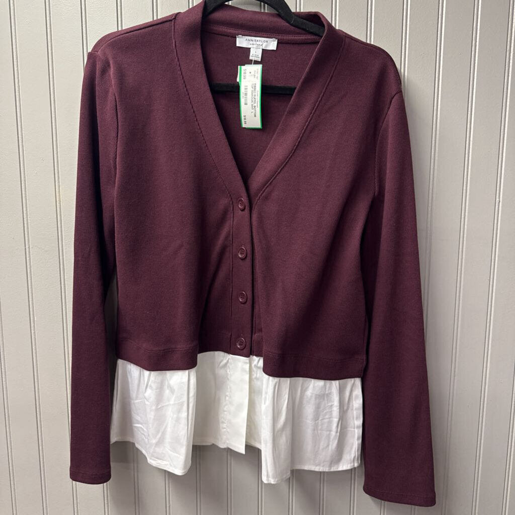 ANN TAYLOR,RIBBED RUFFEL BOTTOM TOP,MAROON WHT ,L