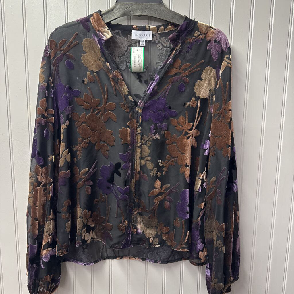 LUCY PARIS,FLORAL VELVET TOP ,BLK BRN OUR ,M